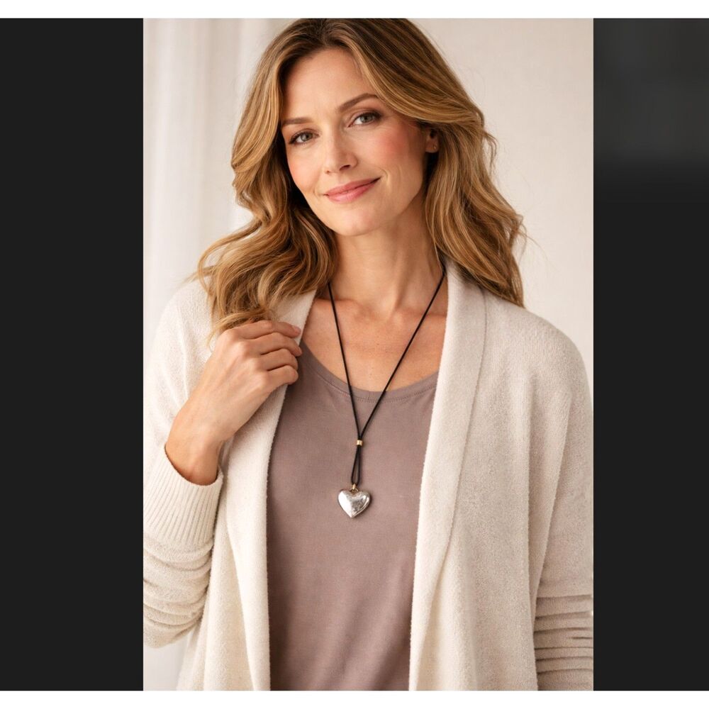 J. Jill Heart Pendant Necklace Silver Hammered Cord Adjustable Rustic Retro NWT